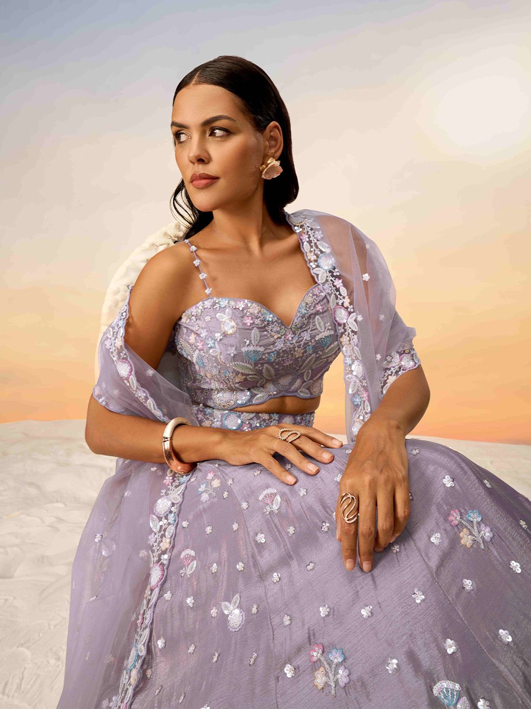 Embroidered Sequinned Semi-Stitched Lehenga & Unstitched Blouse With Dupatta - Image 2