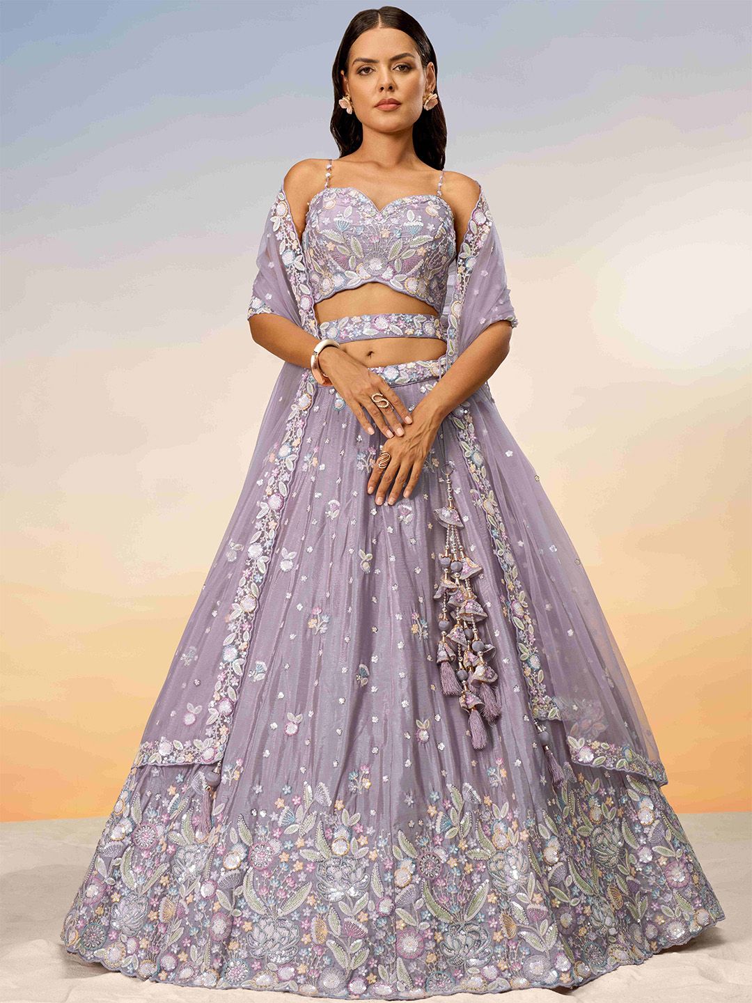 Embroidered Sequinned Semi-Stitched Lehenga & Unstitched Blouse With Dupatta